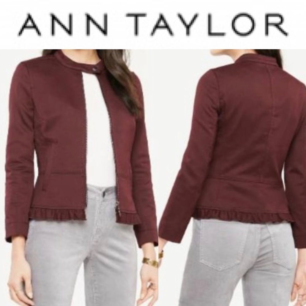 New Ann Taylor Ruffle Twill Moto Jacket Blazer Zipper Vino Wine - Picture 1 of 10